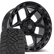 4PLAY 4P55 22x10 5x127 + 5x139.7 Gloss Black Brushed with Tinted Clear Wheels 33x12.50-22 Sailun TerraMax RT Tires SET (5)