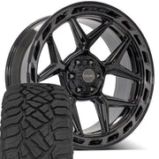 4PLAY 4P55 22x10 6x135 + 6x139.7 Gloss Black Brushed with Tinted Clear Wheels 285-45-22 Sailun TerraMax RT Tires SET