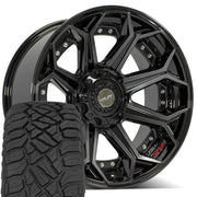 4PLAY 4P80R 22x10 5x127 + 5x139.7 Gloss Black Brushed with Tinted Clear Wheels 33x12.50-22 Sailun TerraMax RT Tires SET (5)