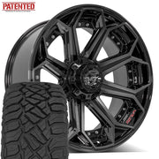 4PLAY 4P80R 22x10 6x135 + 6x139.7 Gloss Black Brushed with Tinted Clear Wheels 33x12.50-22 Sailun TerraMax RT Tires SET