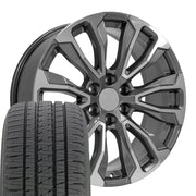 OE Wheels CV30 22x9 6x139.7 Gloss Gunmetal Machined Wheels 285-45-22 Bridgestone Dueler Alenza HL Tires SET
