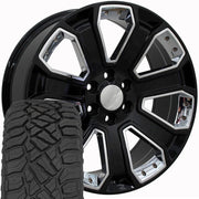 OE Wheels CV93B 22x9 6x139.7 Gloss Black with Chrome Insert Wheels 285-45-22 Sailun TerraMax RT Tires SET