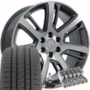 OE Wheels CA88 22x9 6x139.7 Gloss Gunmetal Machined Wheels 285-45-22 Bridgestone Dueler Alenza HL Tires TPMS Lugs SET