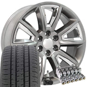 OE Wheels CV73 22x9 6x139.7 Gloss Hyper Black with Chrome Insert Wheels 285-45-22 Bridgestone Dueler Alenza HL Tires TPMS Lugs SET