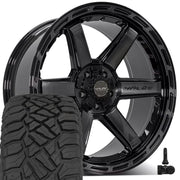 4PLAY 4P63 22x10 5x127 + 5x139.7 Gloss Black Brushed with Tinted Clear Wheels 33x12.50-22 Sailun TerraMax RT Tires TPMS SET