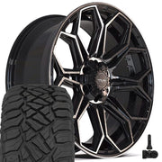 4PLAY 4P83 22x9 6x135 + 6x139.7 Gloss Black Brushed with Tinted Clear Wheels 285-45-22 Sailun TerraMax RT Tires TPMS SET