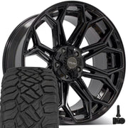 4PLAY 4P83 22x10 5x127 + 5x139.7 Gloss Black Brushed with Tinted Clear Wheels 33x12.50-22 Sailun TerraMax RT Tires TPMS SET (5)