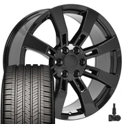 OE Wheels CA82 22x9 6x139.7 Gloss Black Wheels 285-45-22 Goodyear Eagle Touring Tires TPMS SET