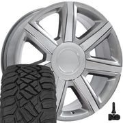 OE Wheels CA87 22x9 6x139.7 Gloss Hyper Silver with Chrome Insert Wheels 285-45-22 Sailun TerraMax RT Tires TPMS SET