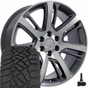 OE Wheels CA88 22x9 6x139.7 Gloss Gunmetal Machined Wheels 285-45-22 Sailun TerraMax RT Tires TPMS SET