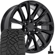OE Wheels CA90 22x9 6x139.7 Gloss Black Wheels 285-45-22 Sailun TerraMax RT Tires TPMS SET