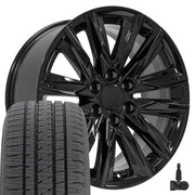 OE Wheels CA91 20x9 6x139.7 Gloss Black Wheels 275-55-20 Bridgestone Dueler Alenza HL Plus Tires TPMS SET