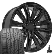 OE Wheels CA91 22x9 6x139.7 Gloss Black Wheels 275-50-22 Bridgestone Alenza A/S 02 Tires TPMS SET