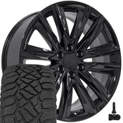 OE Wheels CA91 22x9 6x139.7 Gloss Black Wheels 285-45-22 Sailun TerraMax RT Tires TPMS SET