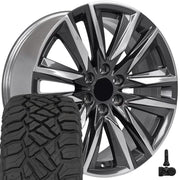 OE Wheels CA91 22x9 6x139.7 Gloss Gunmetal with Polished Face Wheels 285-45-22 Sailun TerraMax RT Tires TPMS SET