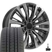 OE Wheels CA93 22x9 6x139.7 Gloss Gunmetal with Polished Face Wheels 285-45-22 Bridgestone Dueler Alenza HL Tires TPMS SET