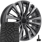 OE Wheels CA93 22x9 6x139.7 Gloss Gunmetal with Polished Face Wheels 285-45-22 Sailun TerraMax RT Tires TPMS SET