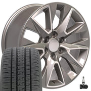 OE Wheels CV26 20x9 6x139.7 Gloss Silver Machined Wheels 275-55-20 Bridgestone Dueler Alenza HL Plus Tires TPMS SET
