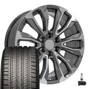 OE Wheels CV30 22x9 6x139.7 Gloss Gunmetal Machined Wheels 285-45-22 Goodyear Eagle Touring Tires TPMS SET