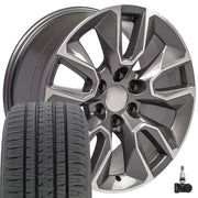 OE Wheels CV32 20x9 6x139.7 Gloss Gunmetal Machined Wheels 275-55-20 Bridgestone Dueler Alenza HL Plus Tires TPMS SET