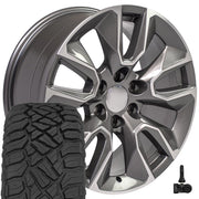 OE Wheels CV32 20x9 6x139.7 Gloss Gunmetal Machined Wheels 275-55-20 Sailun TerraMax RT Tires TPMS SET