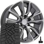 OE Wheels CV32 22x9 6x139.7 Gloss Gunmetal Machined Wheels 285-45-22 Sailun TerraMax RT Tires TPMS SET