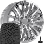 OE Wheels CV33 22x9 6x139.7 Chrome Wheels 285-45-22 Sailun TerraMax RT Tires TPMS SET