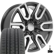 OE Wheels CV36 20x9 6x139.7 Gloss Gunmetal Machined Wheels 275-55-20 Bridgestone Dueler Alenza HL Plus Tires TPMS SET