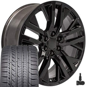 OE Wheels CV38 22x9 6x139.7 Gloss Black Wheels 285-45-22 Goodyear Eagle Sport Tires TPMS SET