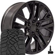 OE Wheels CV38 22x9 6x139.7 Gloss Black Wheels 285-45-22 Sailun TerraMax RT Tires TPMS SET
