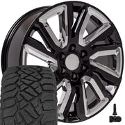OE Wheels CV39 22x9 6x139.7 Gloss Black with Chrome Insert Wheels 285-45-22 Sailun TerraMax RT Tires TPMS SET
