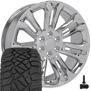 OE Wheels CV43B 22x9 6x139.7 Chrome Wheels 285-45-22 Sailun TerraMax RT Tires TPMS SET