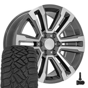 OE Wheels CV44 20x9 6x139.7 Gloss Gunmetal Machined Wheels 275-55-20 Sailun TerraMax RT Tires TPMS SET