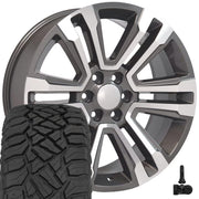 OE Wheels CV44 22x9 6x139.7 Gloss Gunmetal Machined Wheels 285-45-22 Sailun TerraMax RT Tires TPMS SET