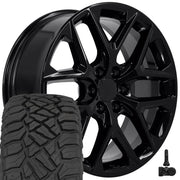 OE Wheels CV62 22x9 6x139.7 Gloss Black Wheels 285-45-22 Sailun TerraMax RT Tires TPMS SET