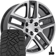 OE Wheels CV63 22x9 6x139.7 Gloss Gunmetal Machined Wheels 285-45-22 Sailun TerraMax RT Tires TPMS SET