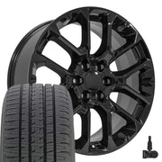 OE Wheels CV67 22x9 6x139.7 Gloss Black Wheels 285-45-22 Bridgestone Dueler Alenza HL Tires TPMS SET