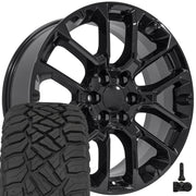 OE Wheels CV67 22x9 6x139.7 Gloss Black Wheels 285-45-22 Sailun TerraMax RT Tires TPMS SET