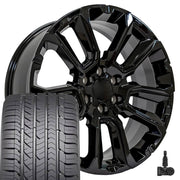 OE Wheels CV68 22x9 6x139.7 Gloss Black Wheels 285-45-22 Goodyear Eagle Sport Tires TPMS SET
