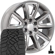 OE Wheels CV73B 22x9 6x139.7 Gloss Hyper Black with Chrome Insert Wheels 285-45-22 Sailun TerraMax RT Tires TPMS SET