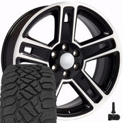 OE Wheels CV74B 22x9 6x139.7 Gloss Black Machined Wheels 285-45-22 Sailun TerraMax RT Tires TPMS SET