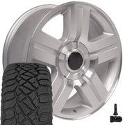 OE Wheels CV84 22x9 6x139.7 Gloss Silver Machined Wheels 285-45-22 Sailun TerraMax RT Tires TPMS SET