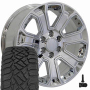 OE Wheels CV93 20x8.5 6x139.7 Chrome with Chrome Insert Wheels 275-55-20 Sailun TerraMax RT Tires TPMS SET