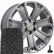OE Wheels CV93 20x8.5 6x139.7 Gloss Hyper Black with Chrome Insert Wheels 275-55-20 Sailun TerraMax RT Tires TPMS SET