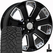 OE Wheels CV93B 22x9 6x139.7 Gloss Black with Chrome Insert Wheels 285-45-22 Sailun TerraMax RT Tires TPMS SET
