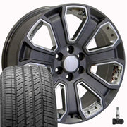 OE Wheels CV93 22x9 6x139.7 Gloss Gunmetal with Chrome Insert Wheels 275-50-22 Bridgestone Alenza A/S 02 Tires TPMS SET