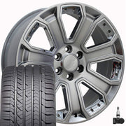 OE Wheels CV93 22x9 6x139.7 Gloss Hyper Black with Chrome Insert Wheels 285-45-22 Goodyear Eagle Sport Tires TPMS SET
