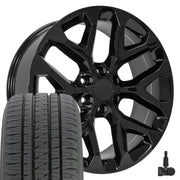 OE Wheels CV98 22x9 6x139.7 Gloss Black Wheels 285-45-22 Bridgestone Dueler Alenza HL Tires TPMS SET