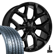 OE Wheels CV98 26x10 6x139.7 Satin Black Wheels 295-30-26 Atlas Force UHP Tires TPMS SET