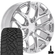 OE Wheels CV98 22x9 6x139.7 Chrome Wheels 285-45-22 Sailun TerraMax RT Tires TPMS SET
